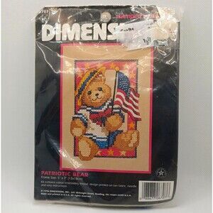 Dimensions Patriotic Bear Needlepoint Kit 6707 Framed Picture 5x7 W/ Thread VTG